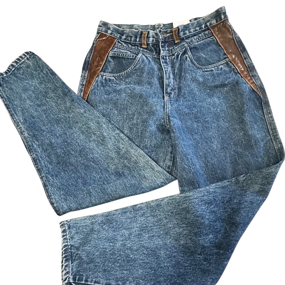 Vintage Weathered Blues Jeans Women Leather Trim Tapered Wide Leg High Rise